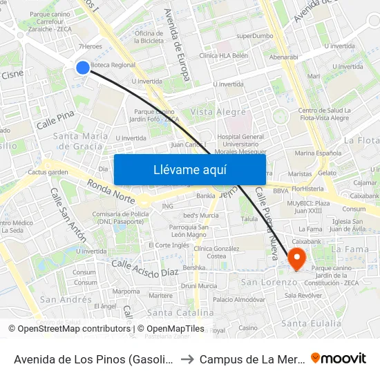 Avenida de Los Pinos (Gasolinera) to Campus de La Merced map
