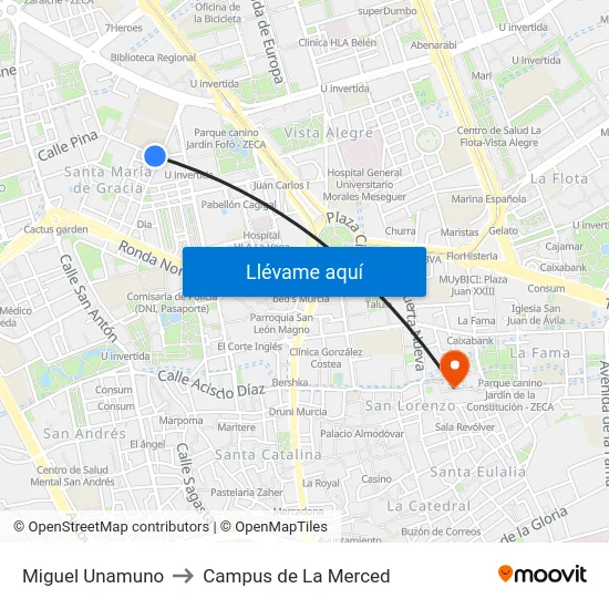 Miguel Unamuno to Campus de La Merced map