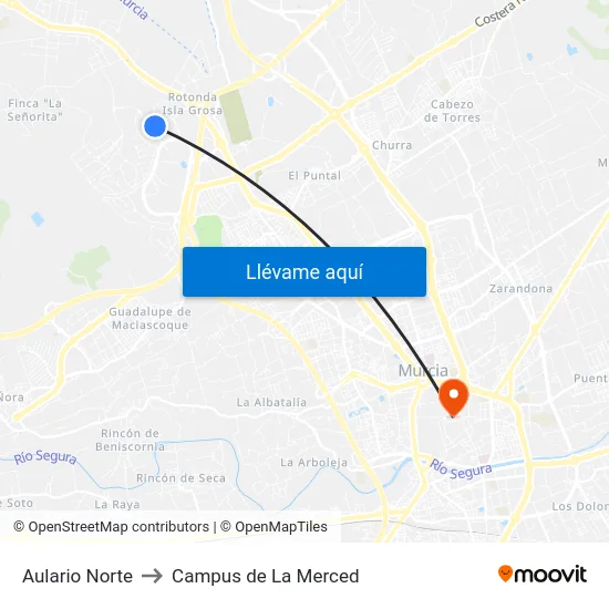 Aulario Norte to Campus de La Merced map