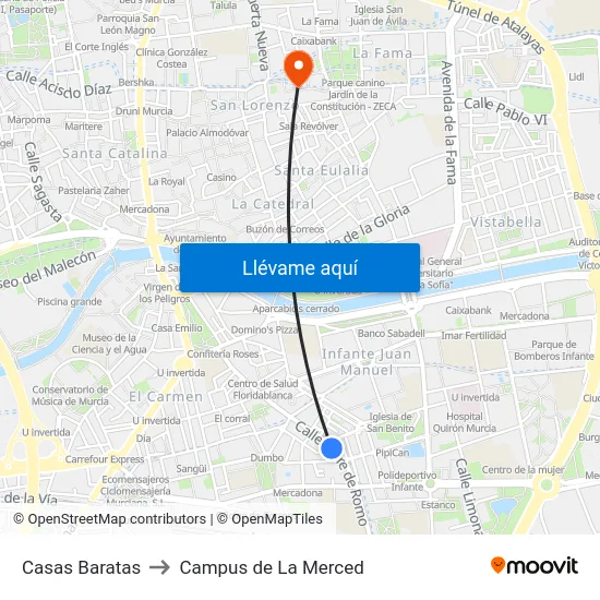 Casas Baratas to Campus de La Merced map