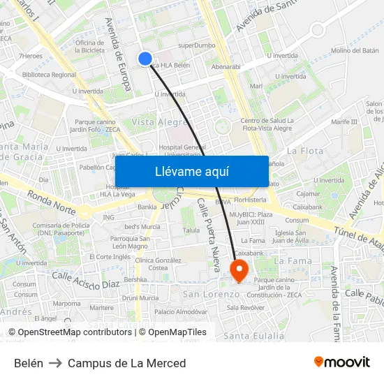 Belén to Campus de La Merced map