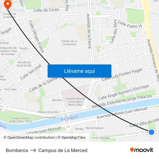 Bomberos to Campus de La Merced map