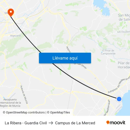 La Ribera - Guardia Civil to Campus de La Merced map