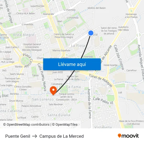 Puente Genil to Campus de La Merced map