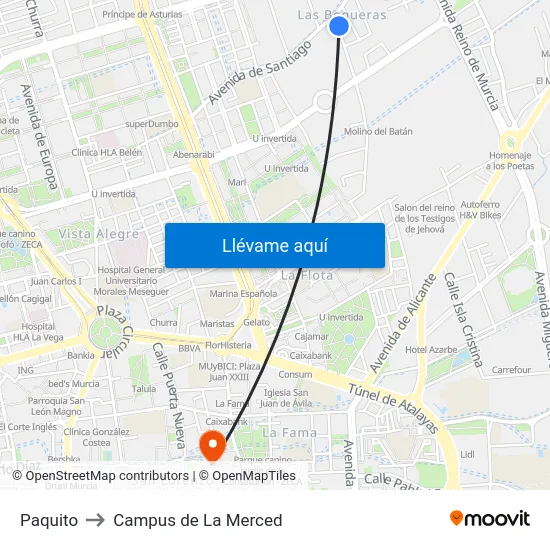 Paquito to Campus de La Merced map