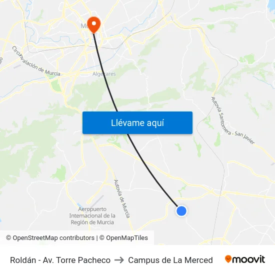 Roldán - Av. Torre Pacheco to Campus de La Merced map
