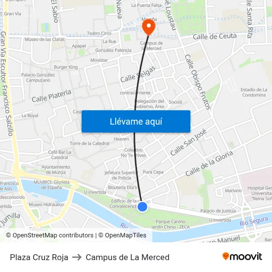 Plaza Cruz Roja to Campus de La Merced map