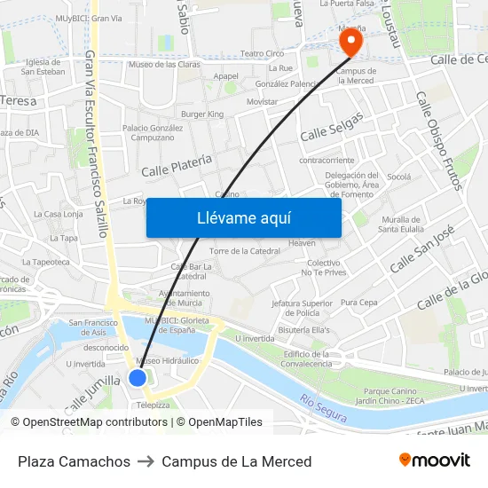 Plaza Camachos to Campus de La Merced map