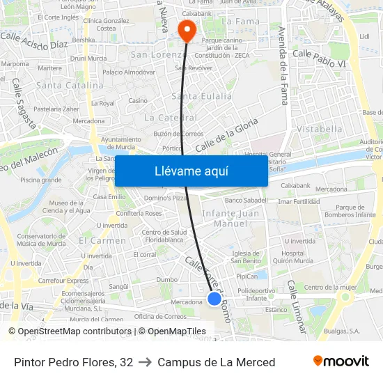 Pintor Pedro Flores, 32 to Campus de La Merced map