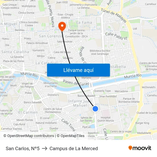 San Carlos, Nº5 to Campus de La Merced map