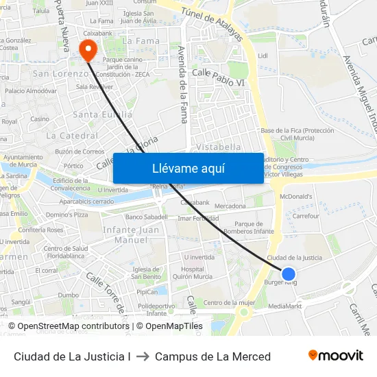 Ciudad de La Justicia I to Campus de La Merced map