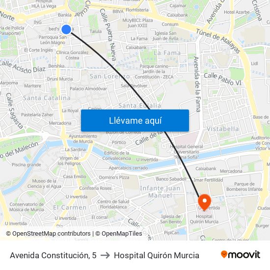Avenida Constitución, 5 to Hospital Quirón Murcia map