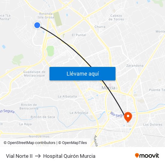 Vial Norte II to Hospital Quirón Murcia map