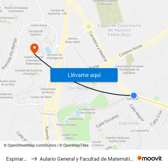 Espinardo to Aulario General y Facultad de Matemáticas map