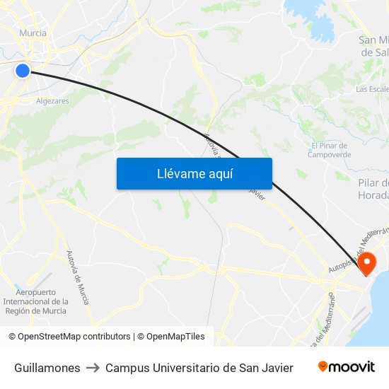 Guillamones to Campus Universitario de San Javier map