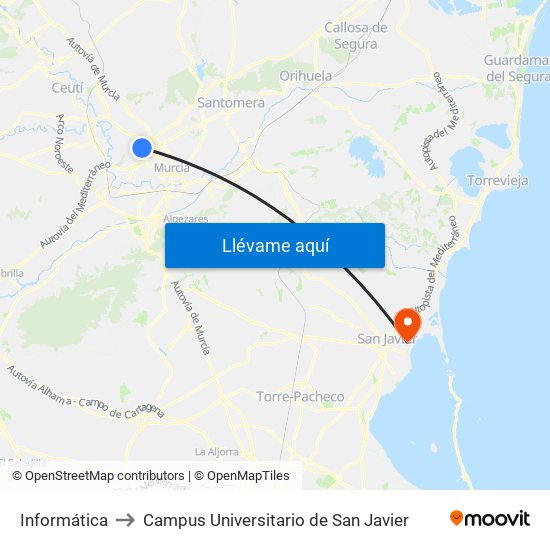 Informática to Campus Universitario de San Javier map