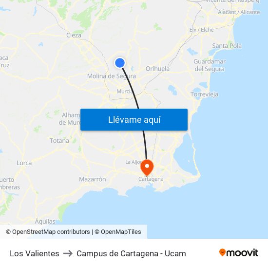 Los Valientes II to Campus de Cartagena - Ucam map