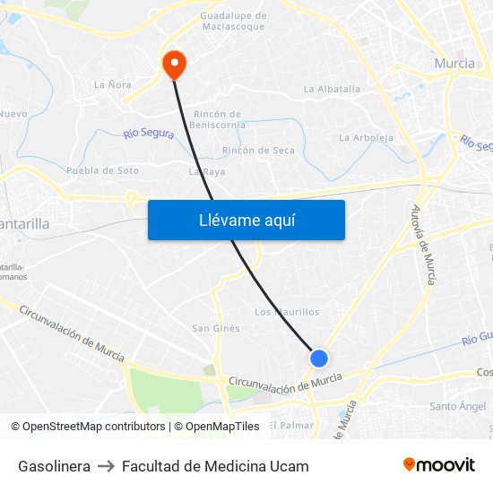 Gasolinera to Facultad de Medicina Ucam map