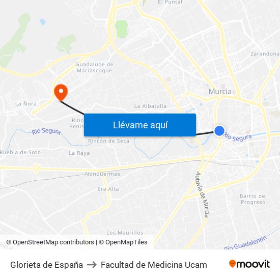 Glorieta de España to Facultad de Medicina Ucam map