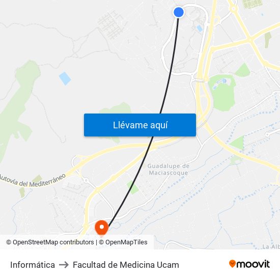 Informática to Facultad de Medicina Ucam map