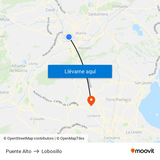 Puente Alto to Lobosillo map
