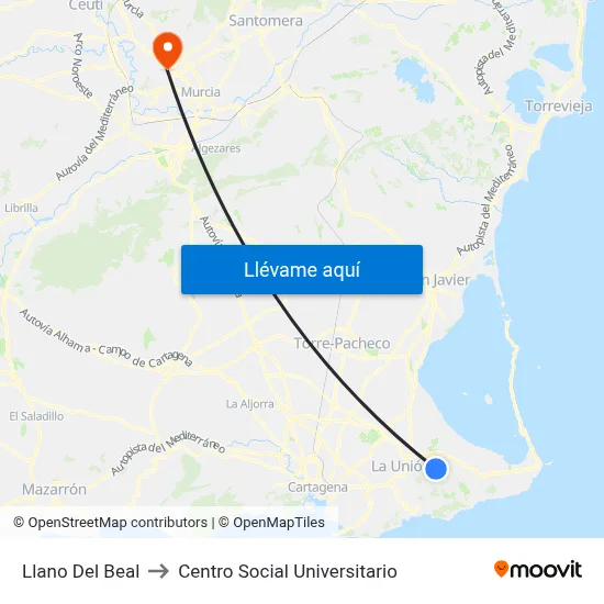 Llano Del Beal to Centro Social Universitario map