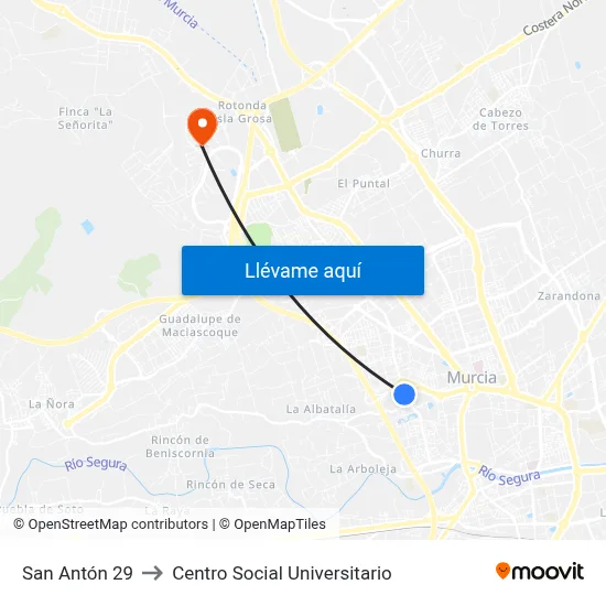 San Antón 29 to Centro Social Universitario map