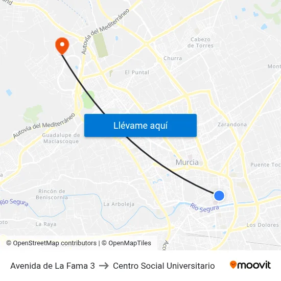 Avenida de La Fama 3 to Centro Social Universitario map