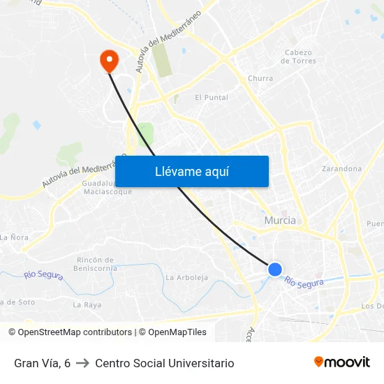 Gran Vía, 6 to Centro Social Universitario map