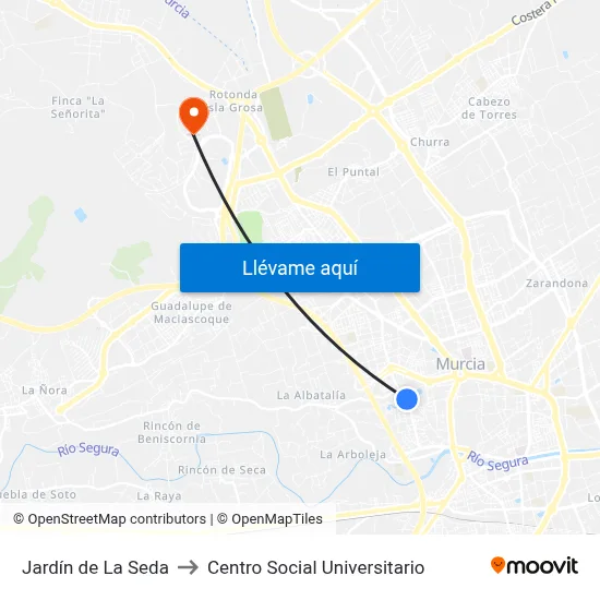 Jardín de La Seda to Centro Social Universitario map