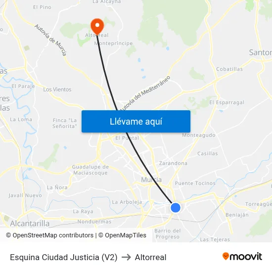 Esquina Ciudad Justicia (V2) to Altorreal map