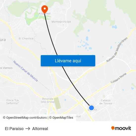 El Paraíso to Altorreal map