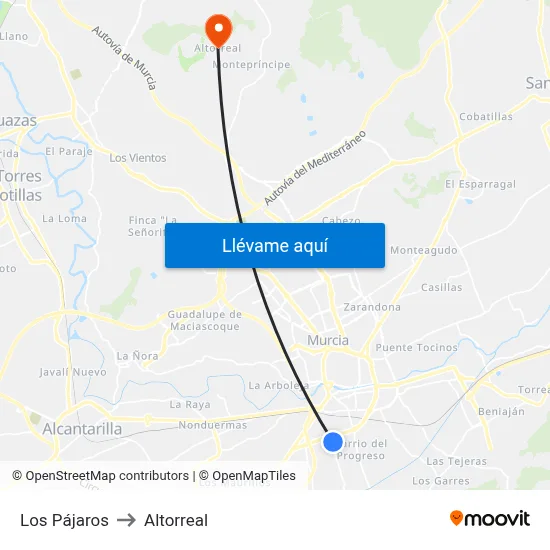 Los Pájaros to Altorreal map