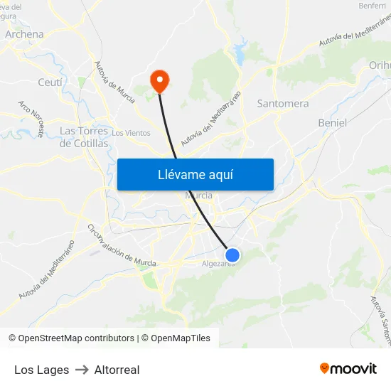 Los Lages to Altorreal map