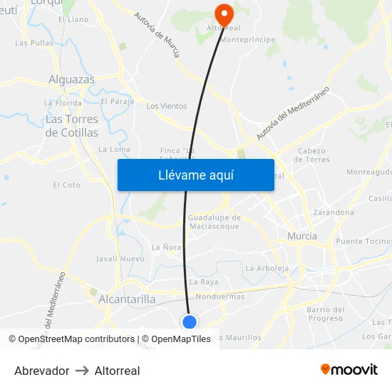 Abrevador to Altorreal map