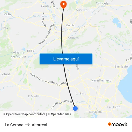 La Corona to Altorreal map