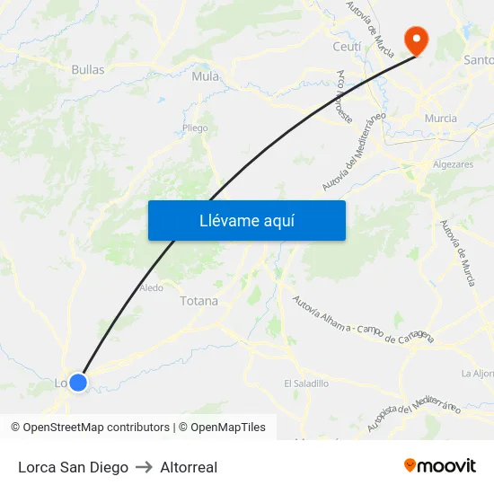 Lorca San Diego to Altorreal map