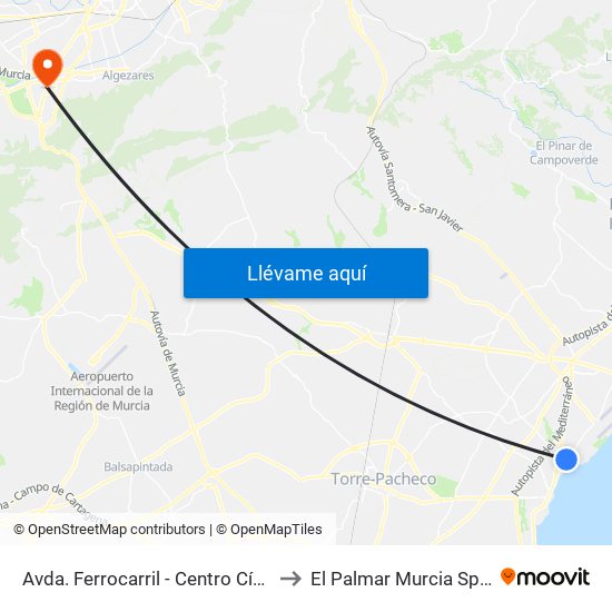 Avda. Ferrocarril - Centro Cívico to El Palmar Murcia Spain map