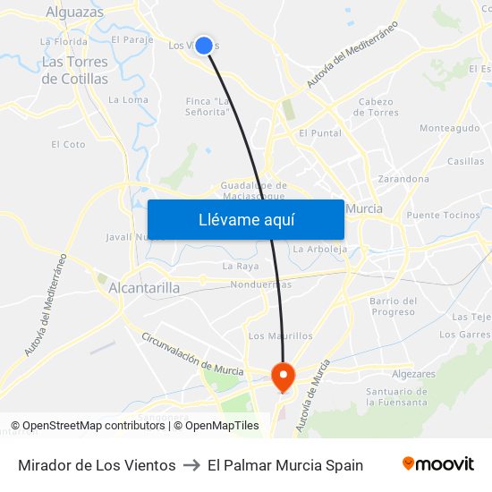Mirador de Los Vientos to El Palmar Murcia Spain map