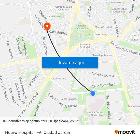 Nuevo Hospital to Ciudad Jardín map