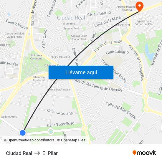 Ciudad Real to El Pilar map