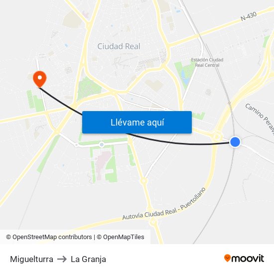 Miguelturra to La Granja map