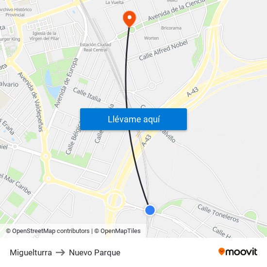Miguelturra to Nuevo Parque map