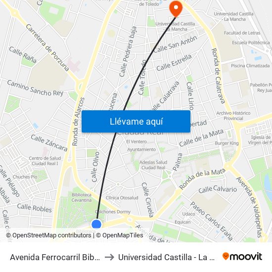 Avenida Ferrocarril Biblioteca to Universidad Castilla - La Mancha map