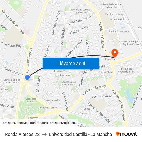 Ronda Alarcos 22 to Universidad Castilla - La Mancha map