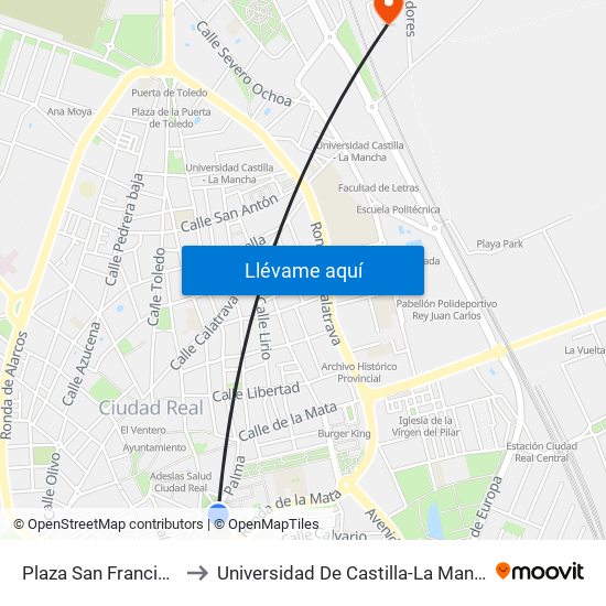 Plaza San Francisco to Universidad De Castilla-La Mancha map