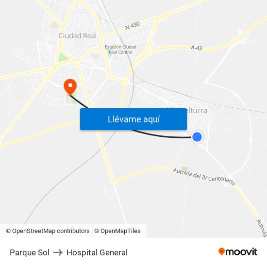 Parque Sol to Hospital General map