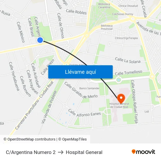 C/Argentina Numero 2 to Hospital General map