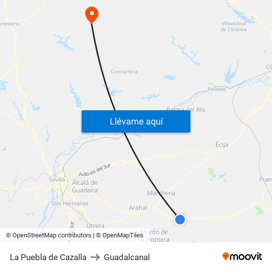 La Puebla de Cazalla to Guadalcanal map
