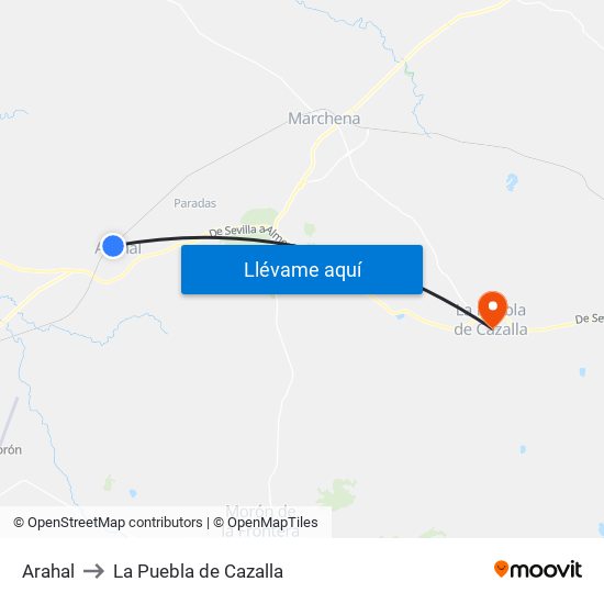 Arahal to La Puebla de Cazalla map